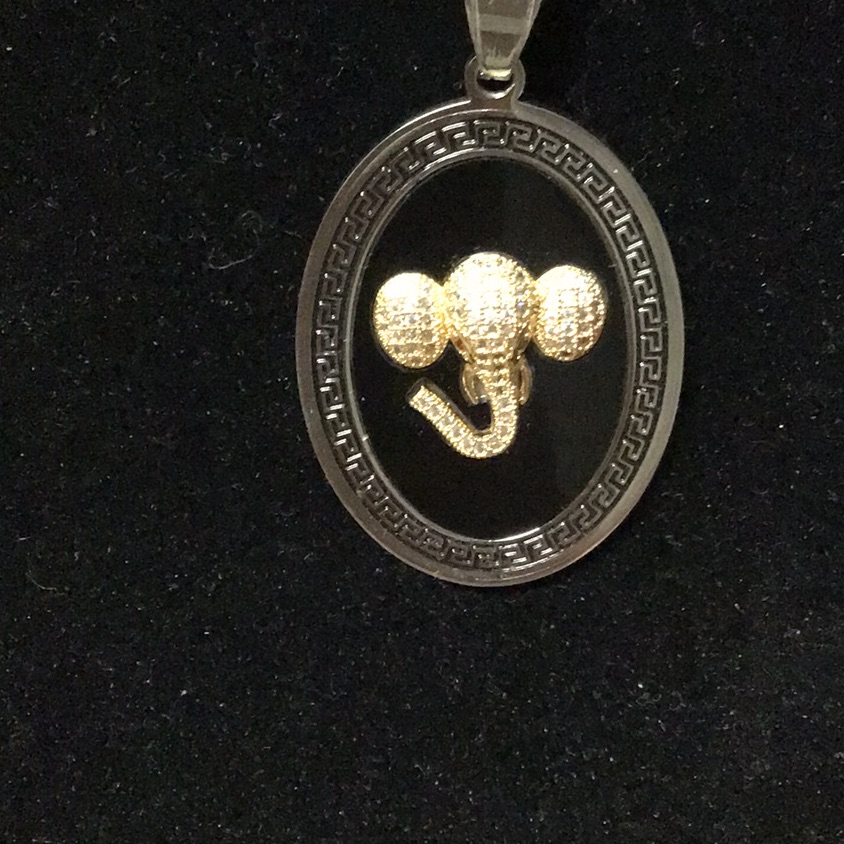 Black & Silver Stainless Steel Pendant W/ Gold Sparkly Elephant Emblem & Chain.